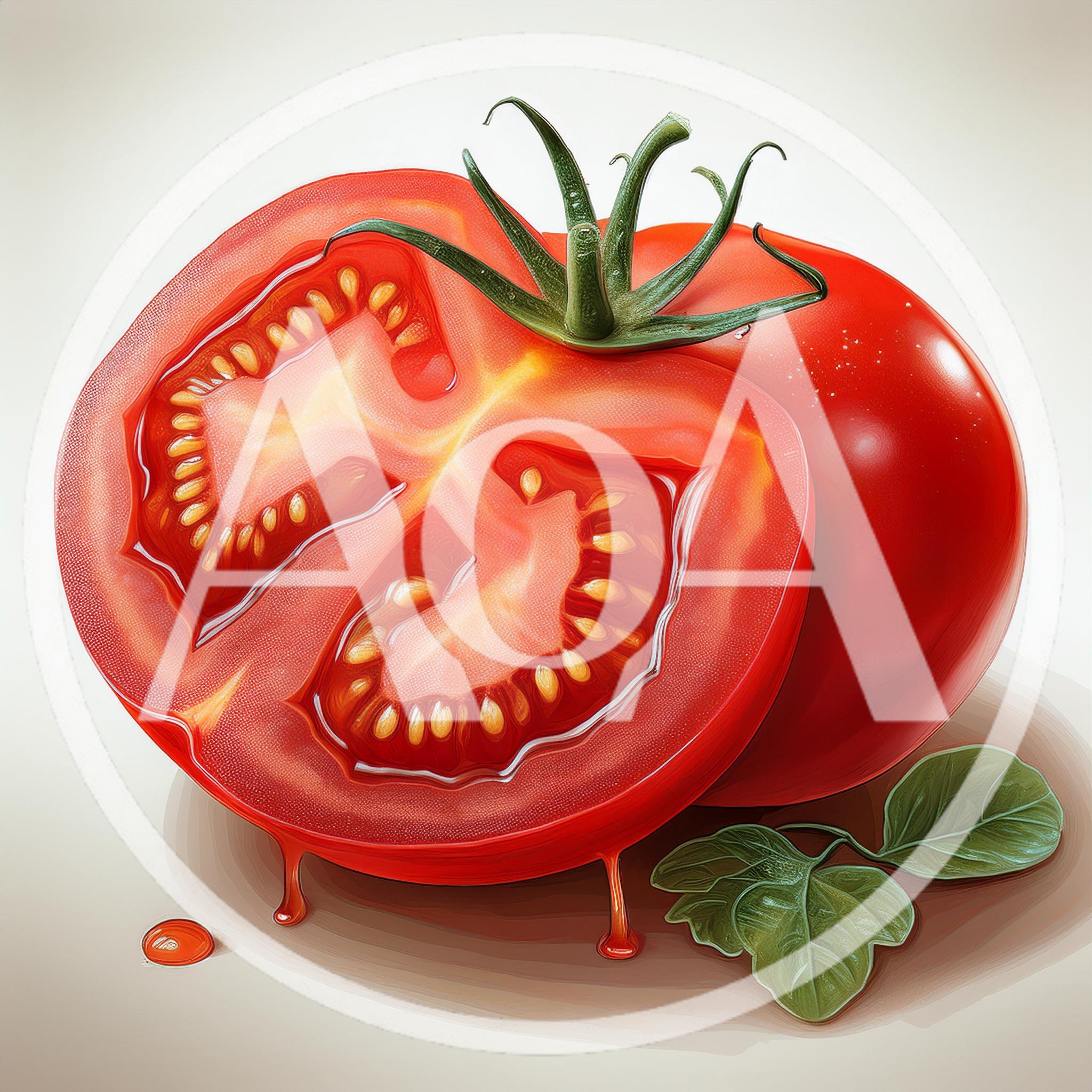 Fresh Sliced Tomato With Green Leaves