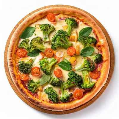 Vegetarian Broccoli and Cherry Tomato Pizza on Wooden Board