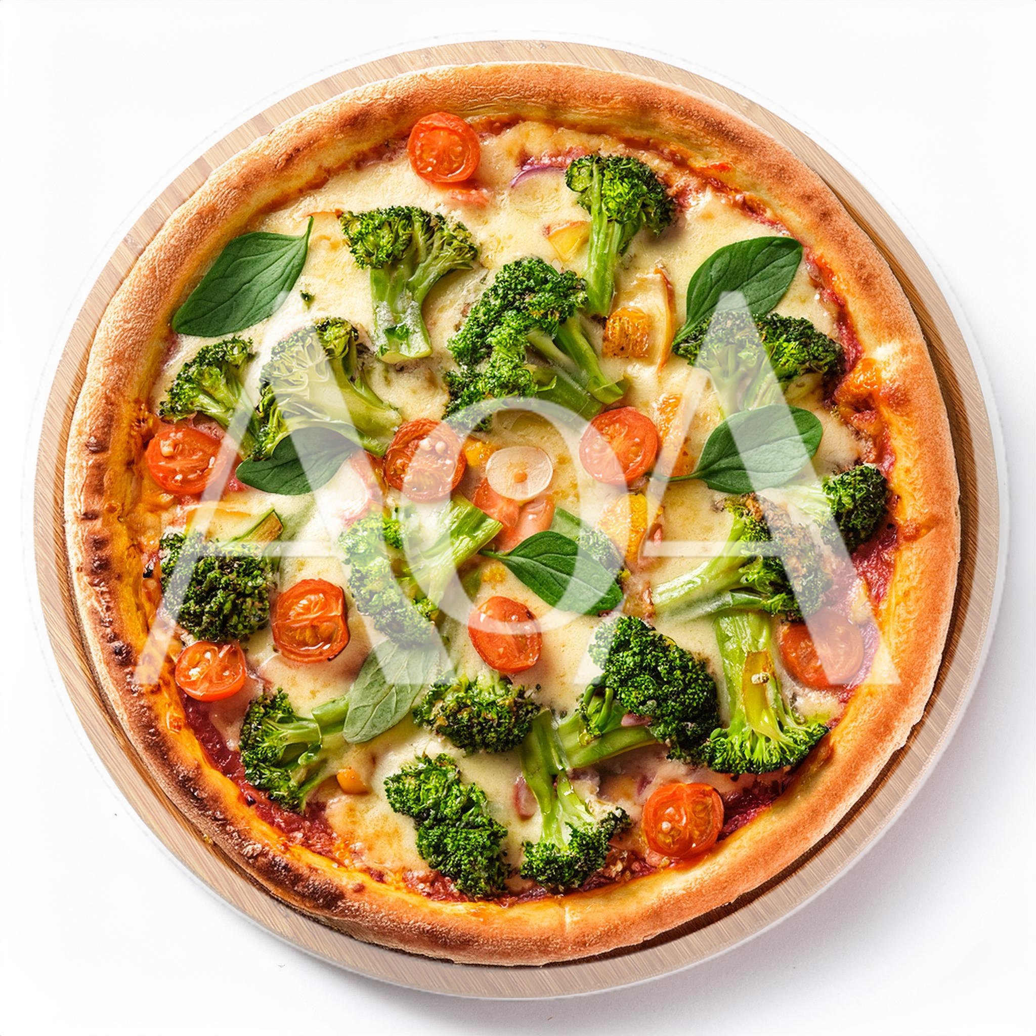 Vegetarian Broccoli and Cherry Tomato Pizza on Wooden Board