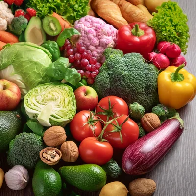 Assorted Fresh Organic Vegetables And Fruits On Table