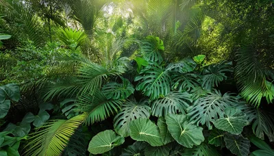Lush Tropical Rainforest Foliage With Monstera Leaves