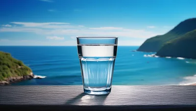 Glass Of Water On A Wooden Table Overlooking Ocean