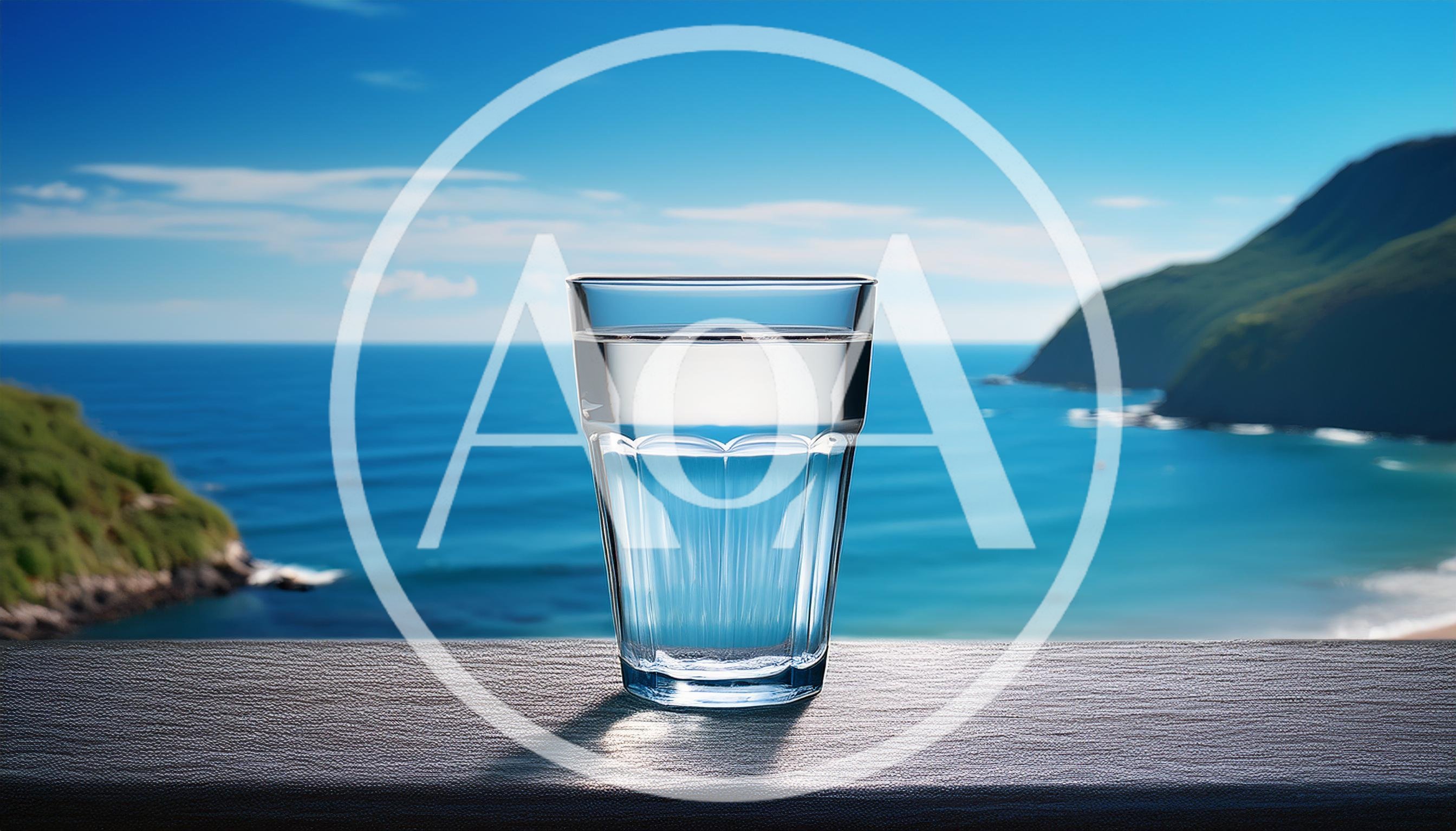 Glass Of Water On A Wooden Table Overlooking Ocean