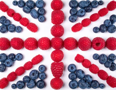 Union Jack Flag Made From Fresh Raspberries And Blueberries