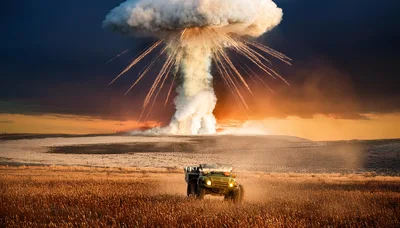 Military Vehicle Driving Away From A Massive Nuclear Explosion