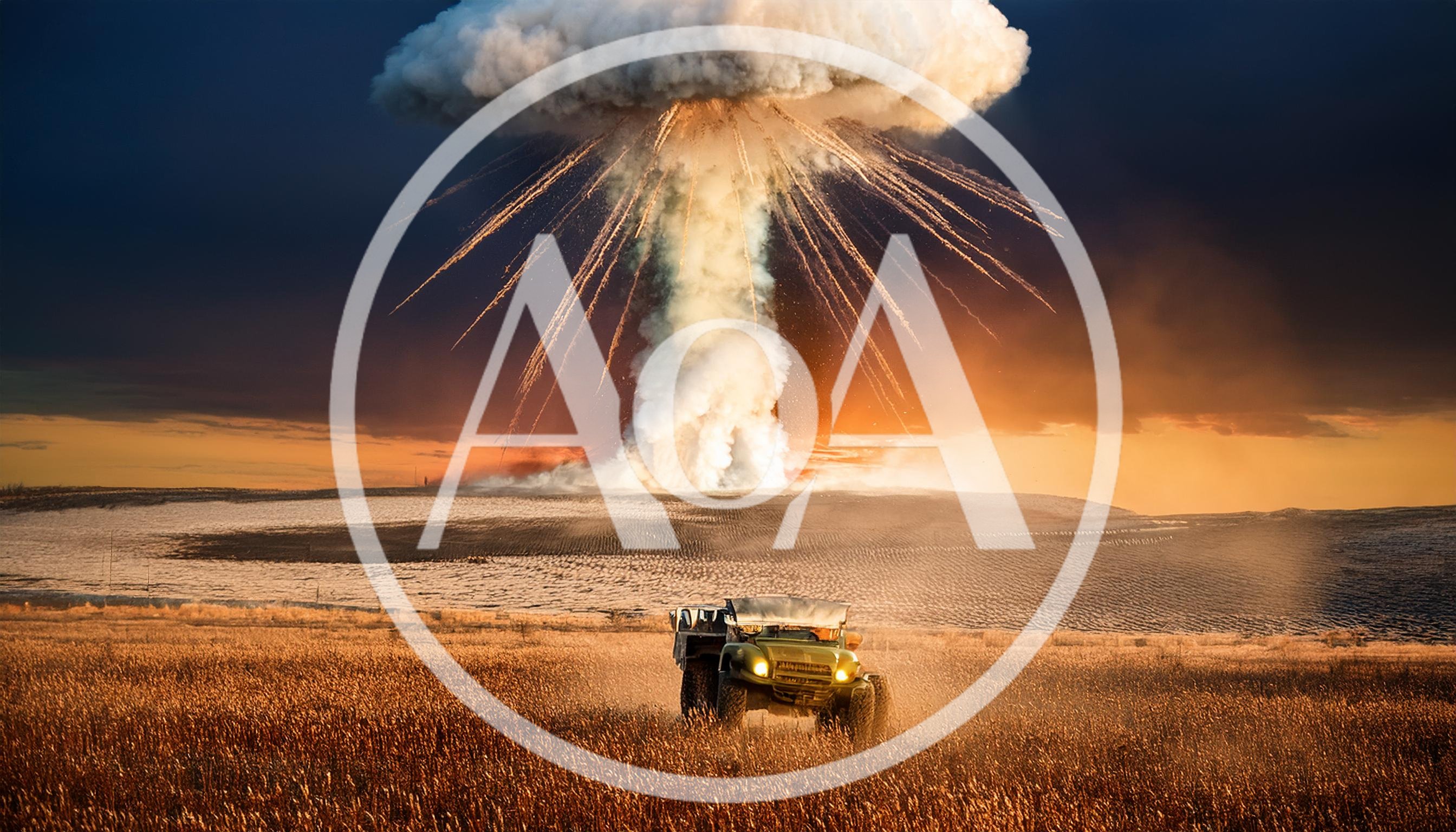 Military Vehicle Driving Away From A Massive Nuclear Explosion