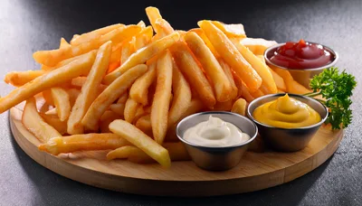 Golden French Fries Served With Three Dipping Sauces