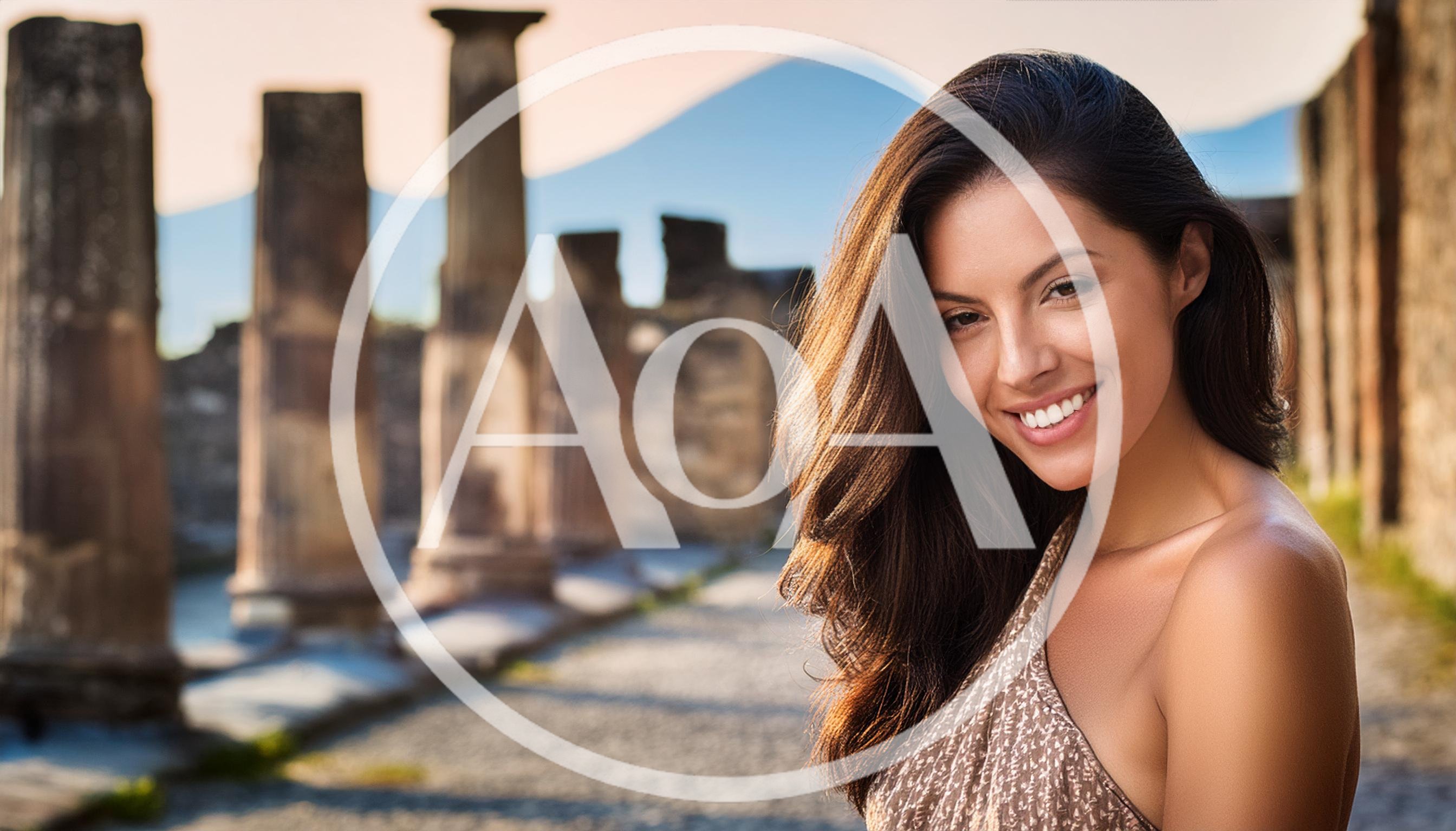 Smiling Woman Posing Amidst Ancient Roman Ruins