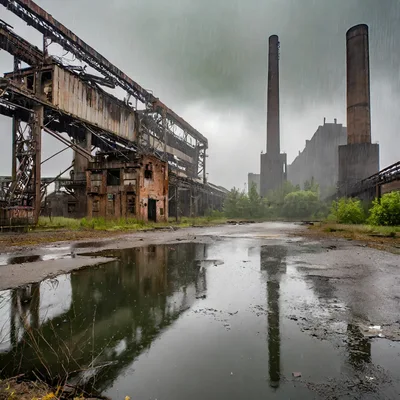 Abandoned Industrial Factory Complex Under Rainy Sky
