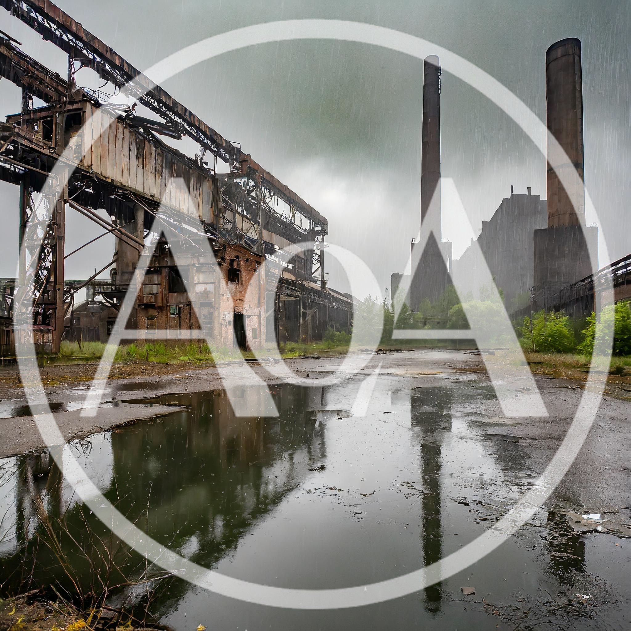 Abandoned Industrial Factory Complex Under Rainy Sky