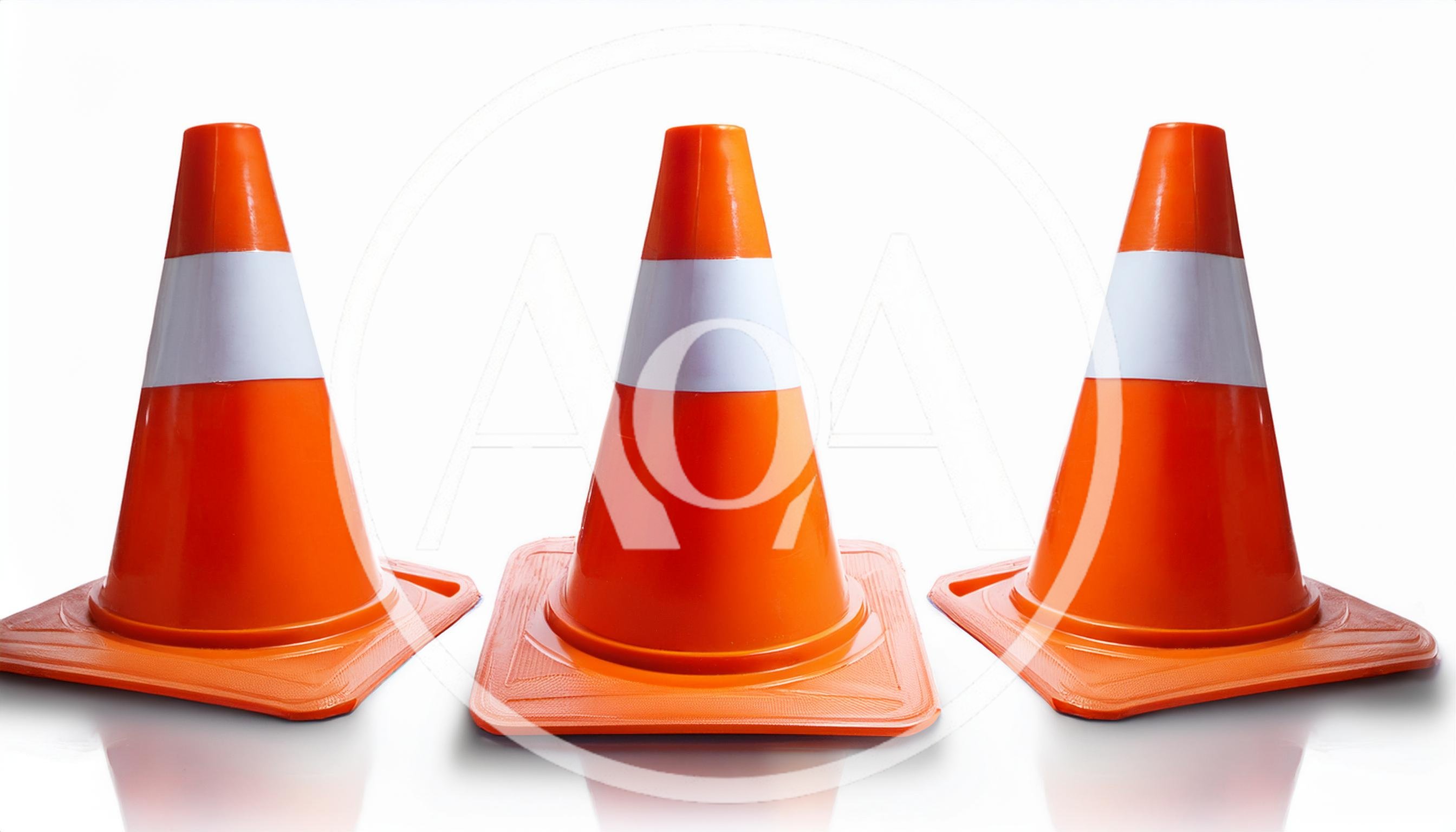 Three Orange Traffic Cones On White Background