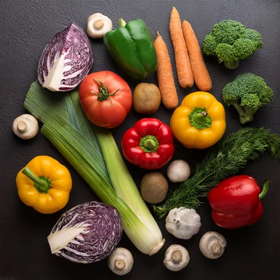 Fresh Assorted Vegetables and Herbs on Dark Background