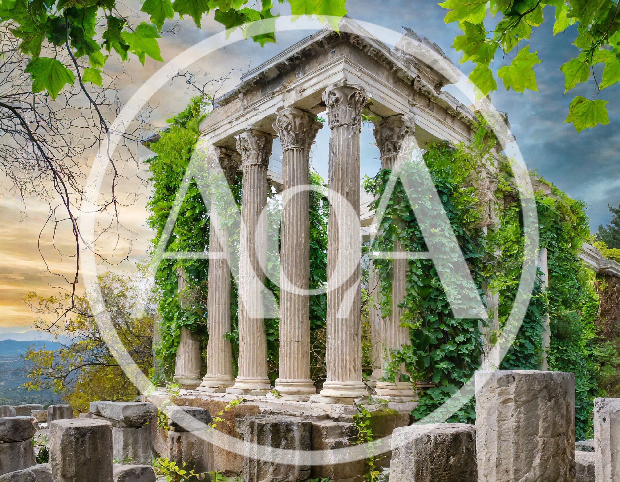 Ancient Roman Temple Ruins Overgrown With Green Ivy