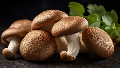 Fresh Shiitake Mushrooms Arranged On A Dark Surface