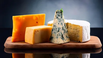 Assorted Gourmet Cheeses On A Wooden Serving Board