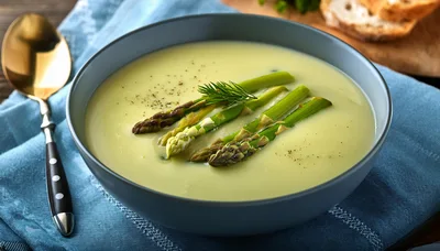 Creamy Asparagus Soup In A Grey Bowl