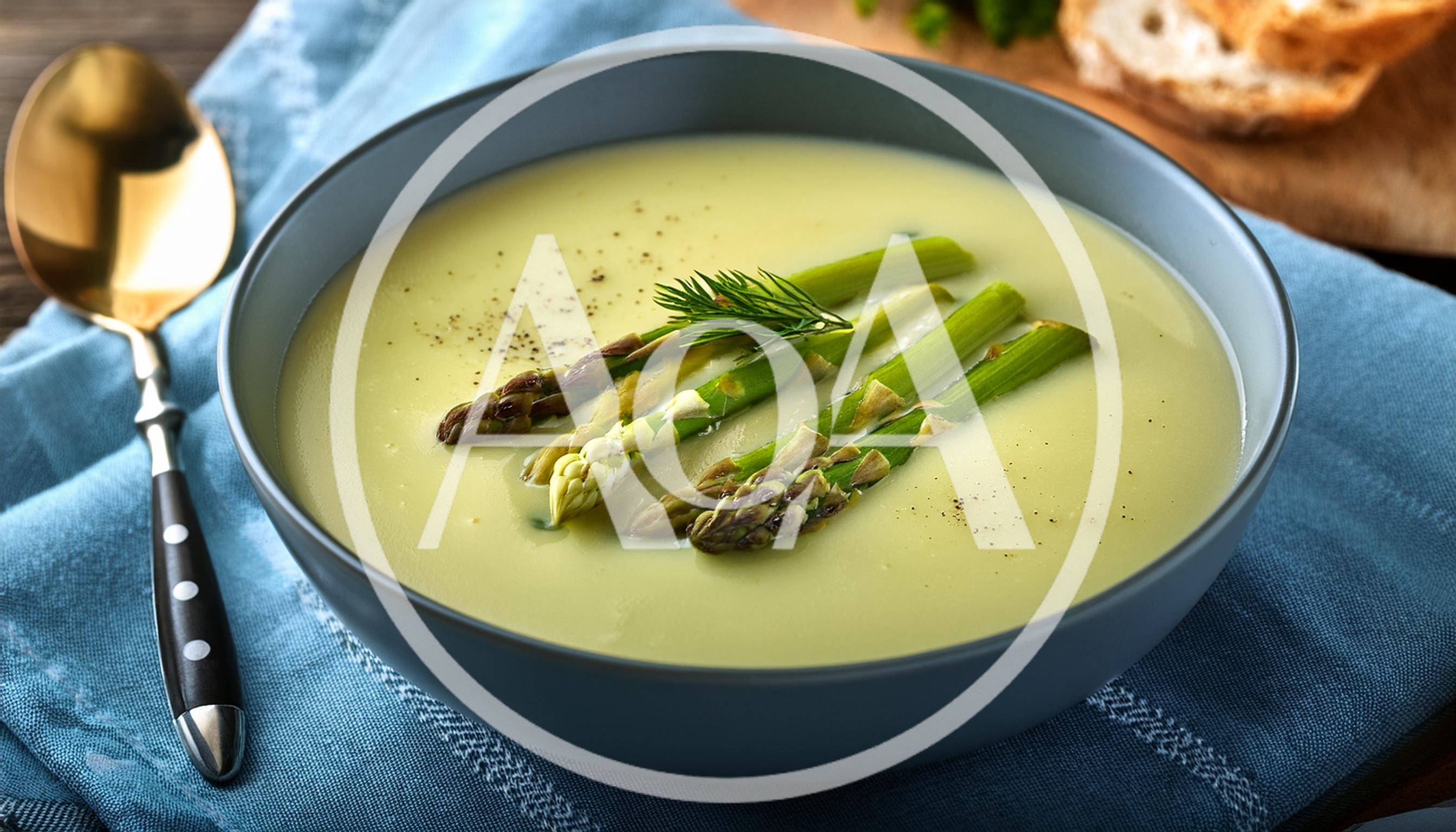 Creamy Asparagus Soup In A Grey Bowl