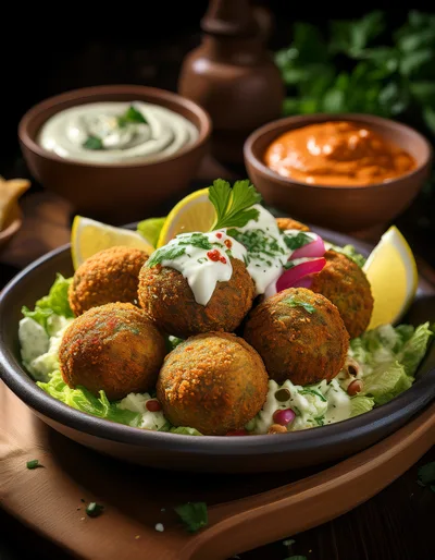 Gourmet Falafel Platter With Dips And Lemon Wedges