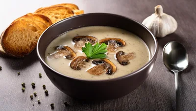 Creamy Mushroom Soup Served In A Dark Bowl