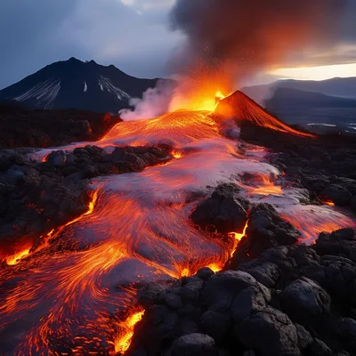 Volcanic Eruption With Molten Lava Flowing Downhill