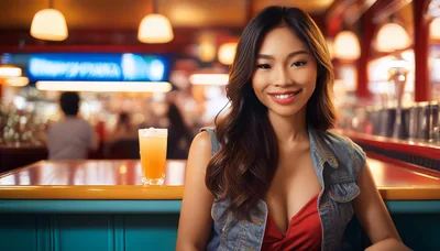 Young Asian Woman Smiling At A Bar Counter