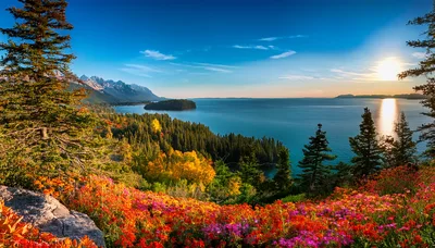 Panoramic View Of A Mountain Lake At Sunset