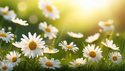 Field Of Blooming White Daisies In Sunlight