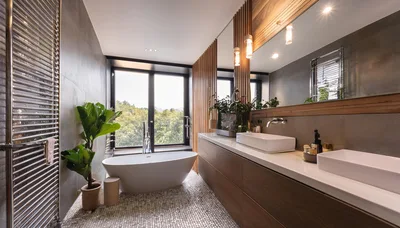 Modern Luxury Bathroom With Freestanding Bathtub And Vanity