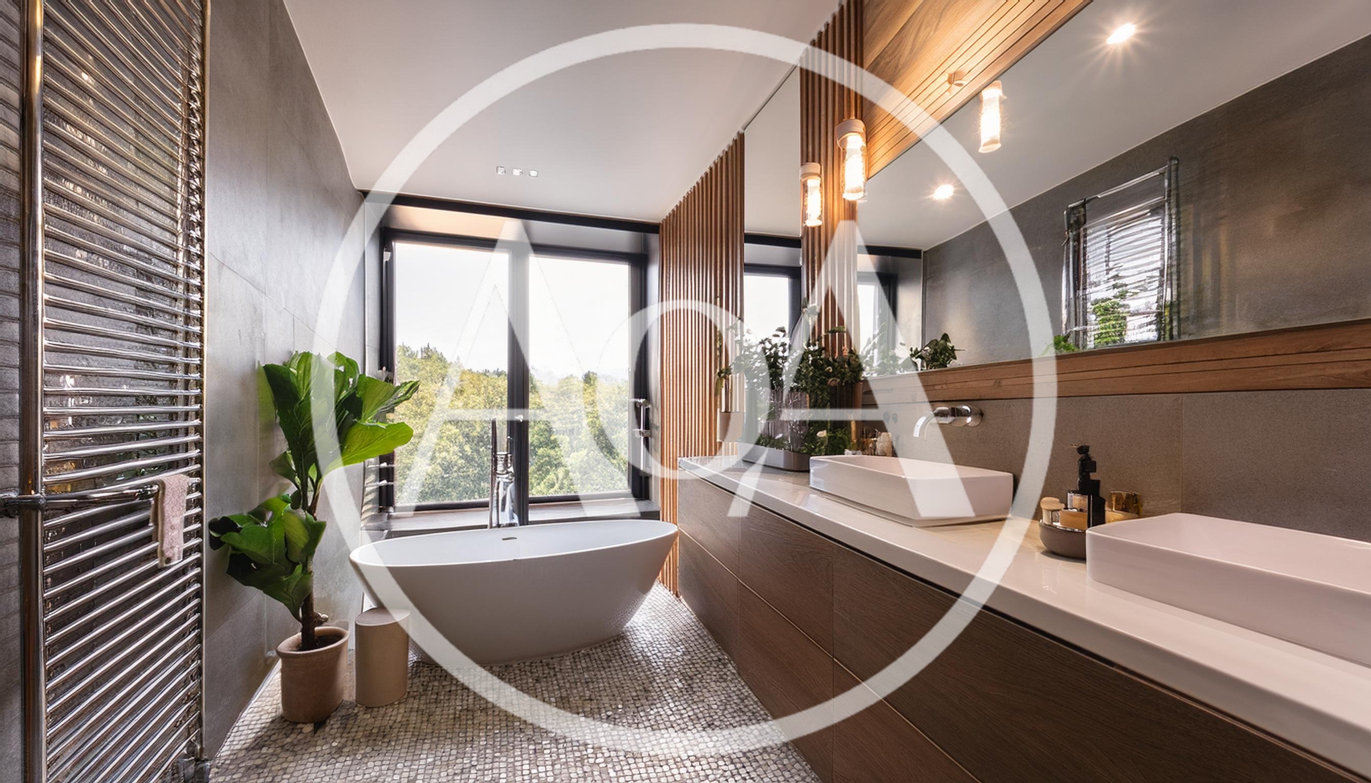 Modern Luxury Bathroom With Freestanding Bathtub And Vanity