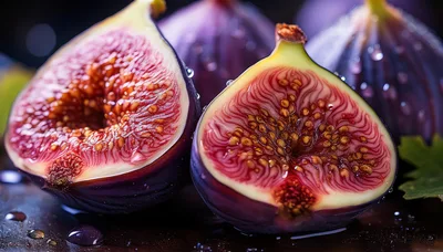 Fresh Halved Purple Figs On Dark Surface