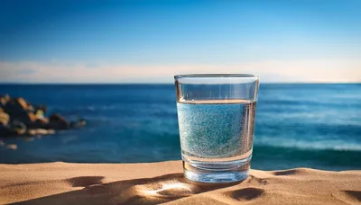 Glass Of Sparkling Water On Sandy Beach