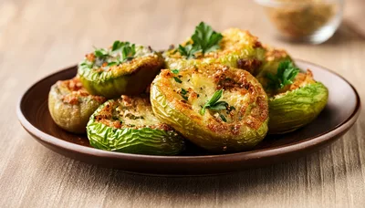 Roasted Stuffed Green Tomatoes On A Brown Plate