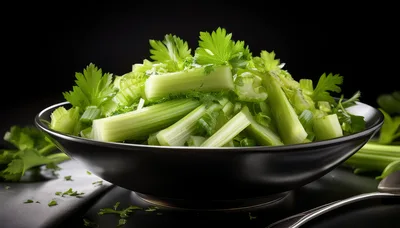 Fresh Chopped Celery In A Black Bowl