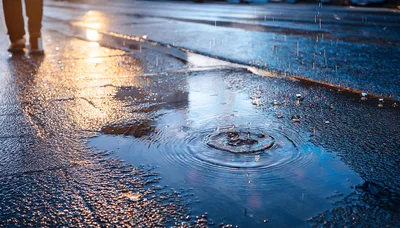 Raindrops Falling Into A Puddle On City Street