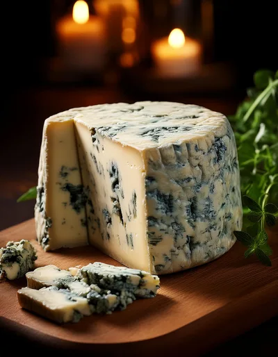 Wheel Of Blue Cheese On A Wooden Board