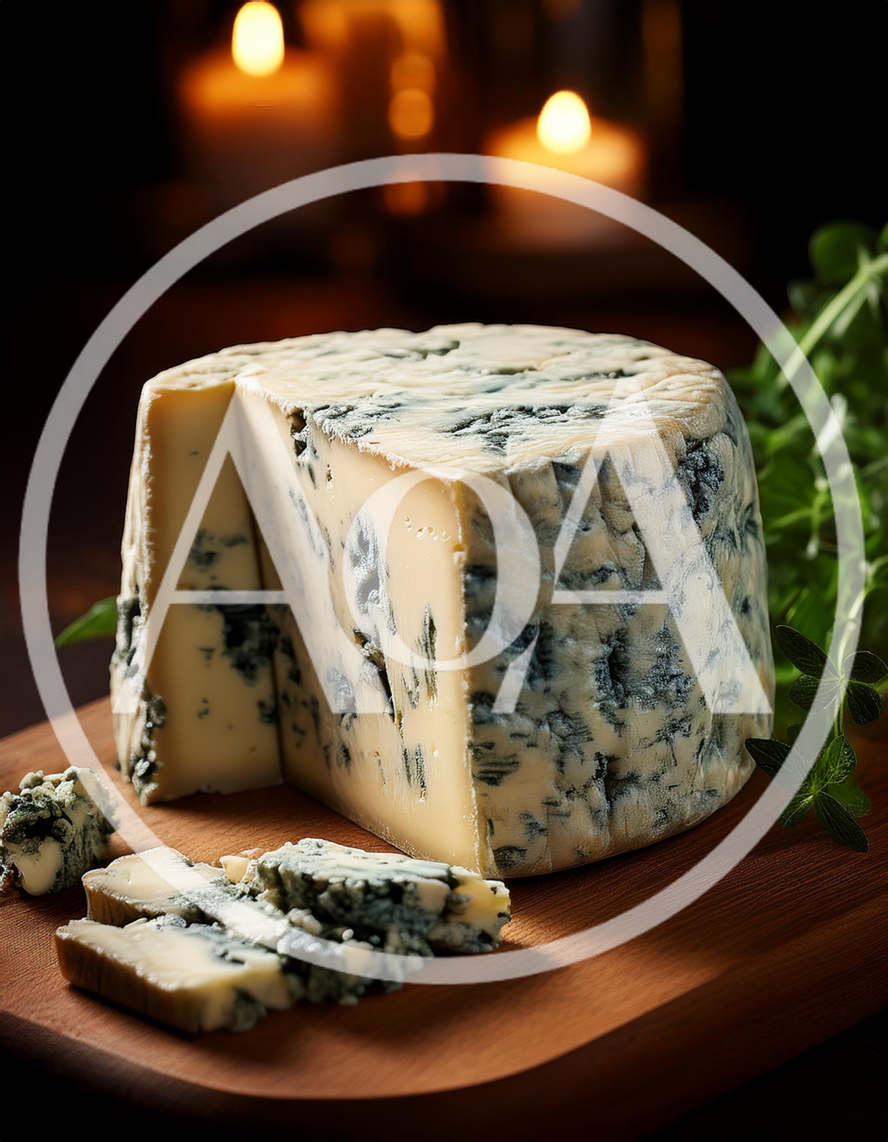 Wheel Of Blue Cheese On A Wooden Board