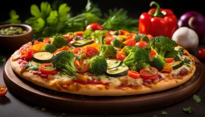 Fresh Vegetable Pizza On A Wooden Serving Board