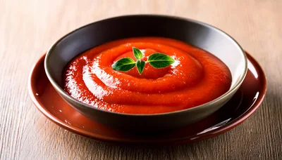Bowl Of Tomato Soup With Fresh Basil Garnish