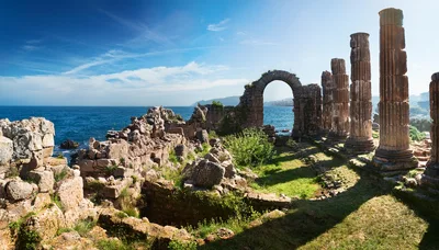 Ancient Roman Temple Ruins Overlooking The Mediterranean Sea