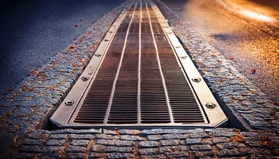 Metal Drainage Grate Embedded in Cobblestone Street