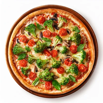 Vegetarian Pizza With Broccoli Tomatoes And Mushrooms