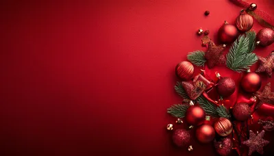 Christmas Ornaments and Pine Branches on Red Background