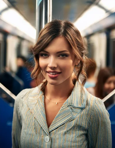 Young Woman Smiling While Riding A Subway Train