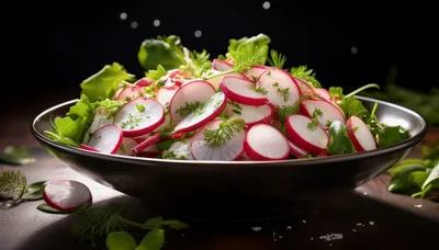 Fresh Radish Salad In A Dark Ceramic Bowl