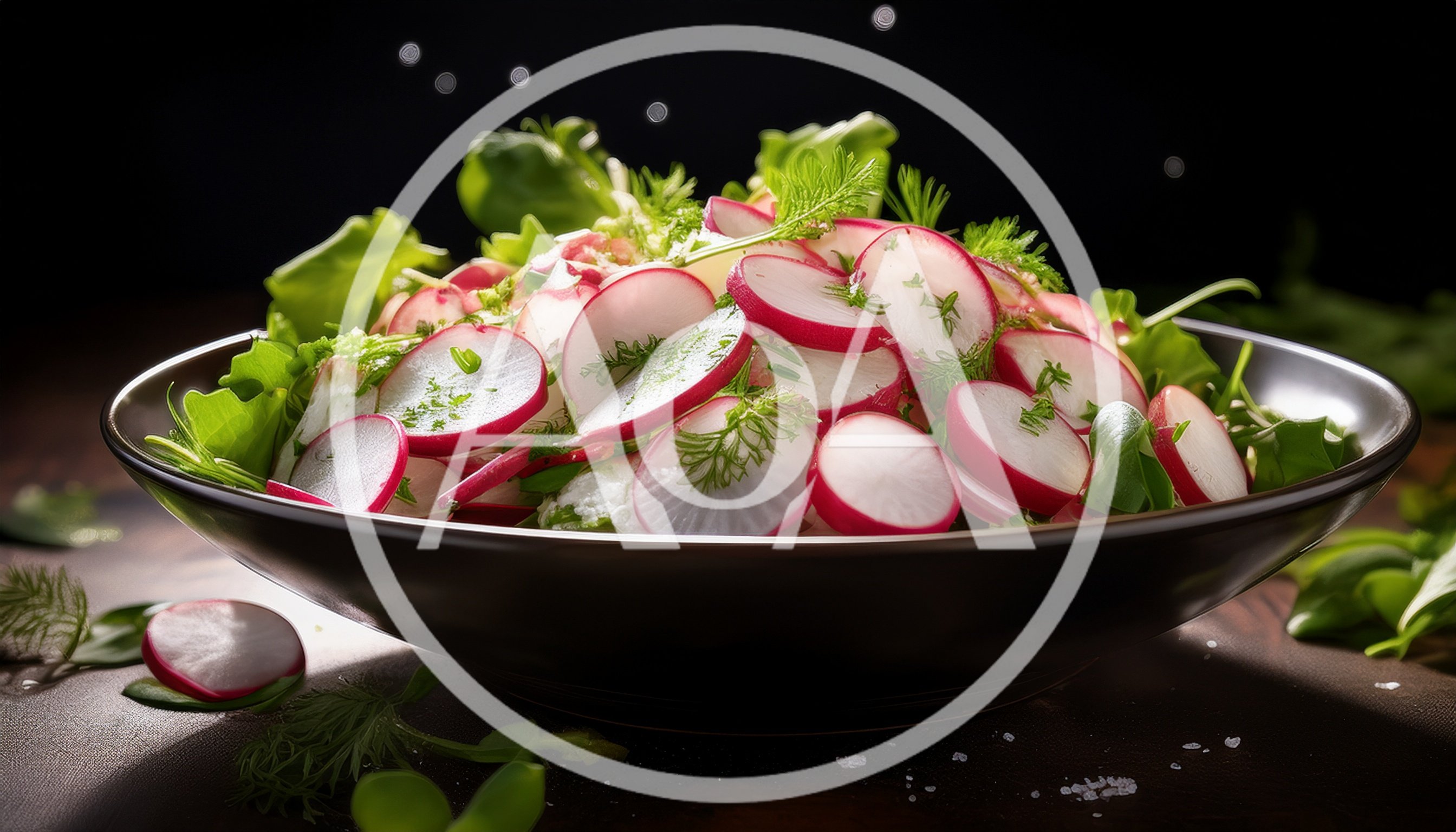 Fresh Radish Salad In A Dark Ceramic Bowl
