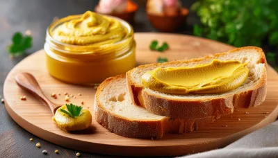 Mustard Spread On Fresh Bread Slices