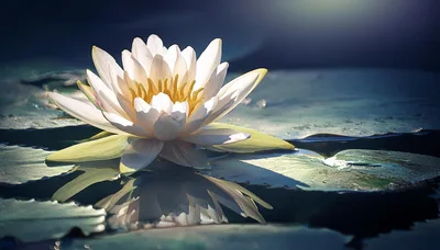 White Water Lily Blooming on a Calm Pond