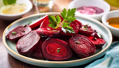 Fresh Sliced Beetroot Salad With Parsley Garnish