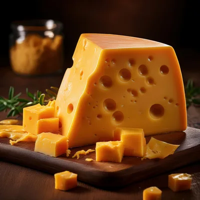 Wedge of Swiss Cheese with Cubes on Wooden Board