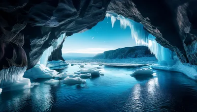 Ice Cave Opening Overlooking A Frozen Arctic Landscape